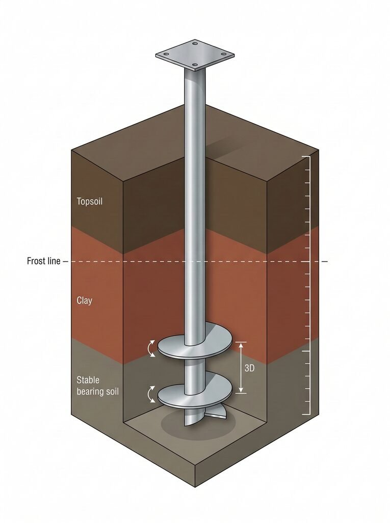 Cutaway diagram of helical pile showing shaft helical plates and frost line